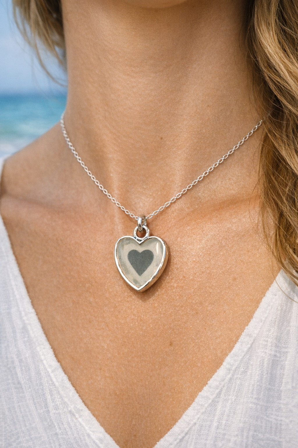 Sea Glass and Sterling Silver Heart Shaped Pendant - 0055