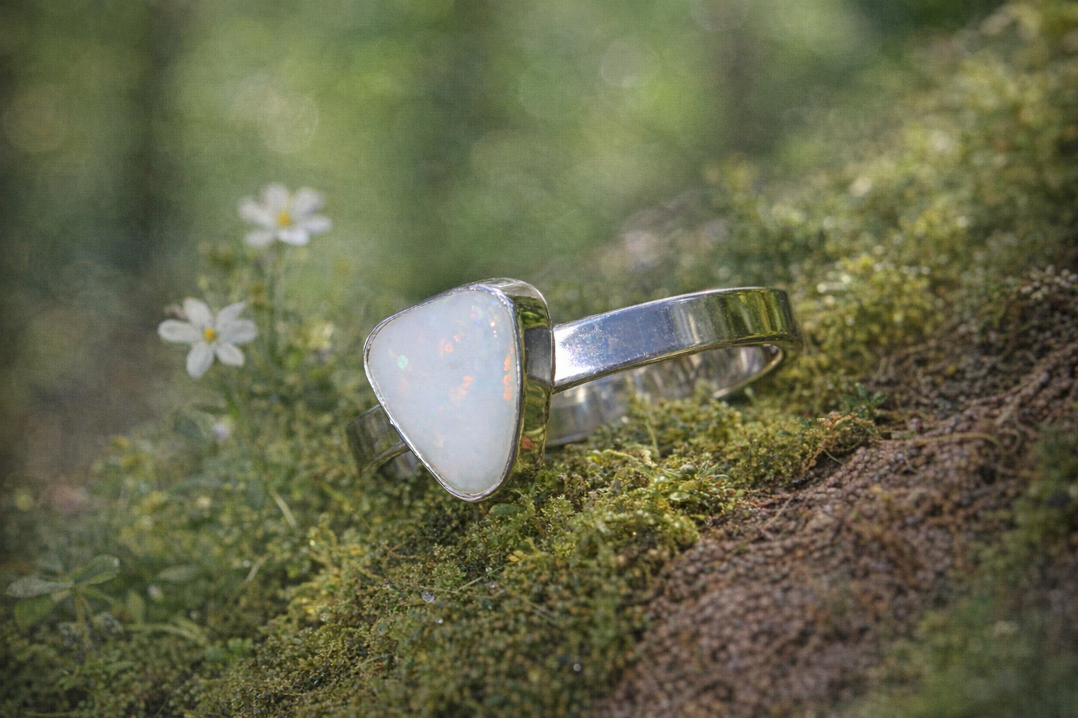 Australian White Opal in Sterling Silver Ring - 0052