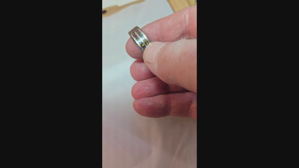 Rainbow Fire Crushed Opal Double Line Stainless Steel Ring - 0048