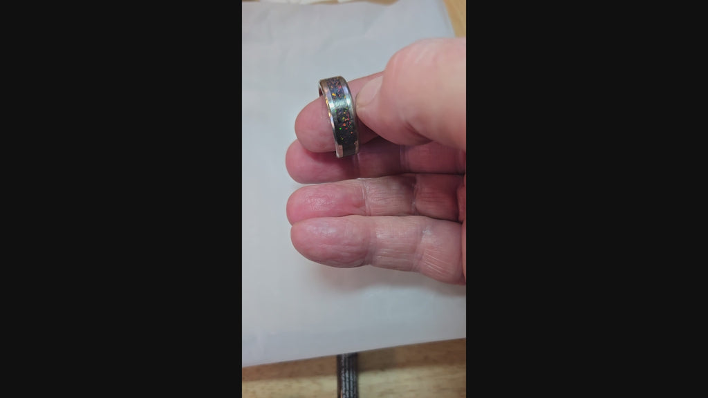 Rainbow Fire Crushed Opal Stainless Steel Ring - 0049