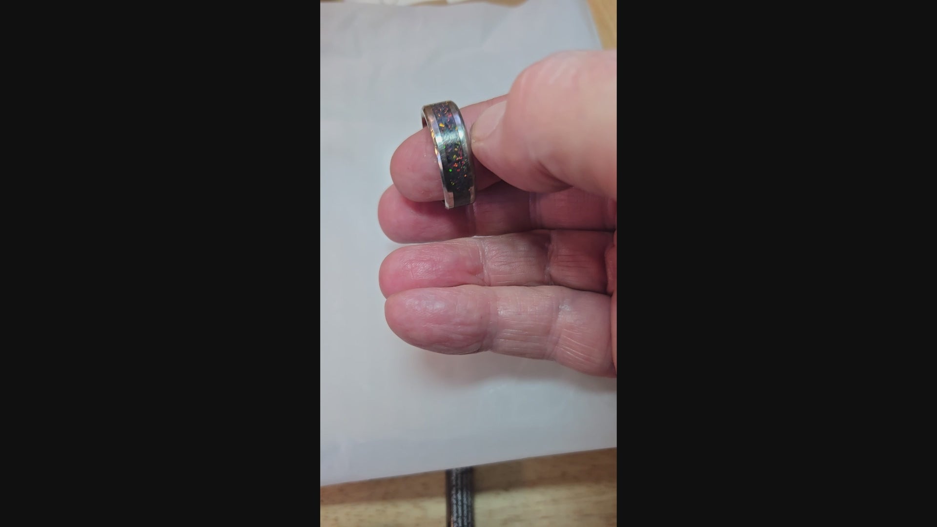 Rainbow Fire Crushed Opal Stainless Steel Ring - 0049